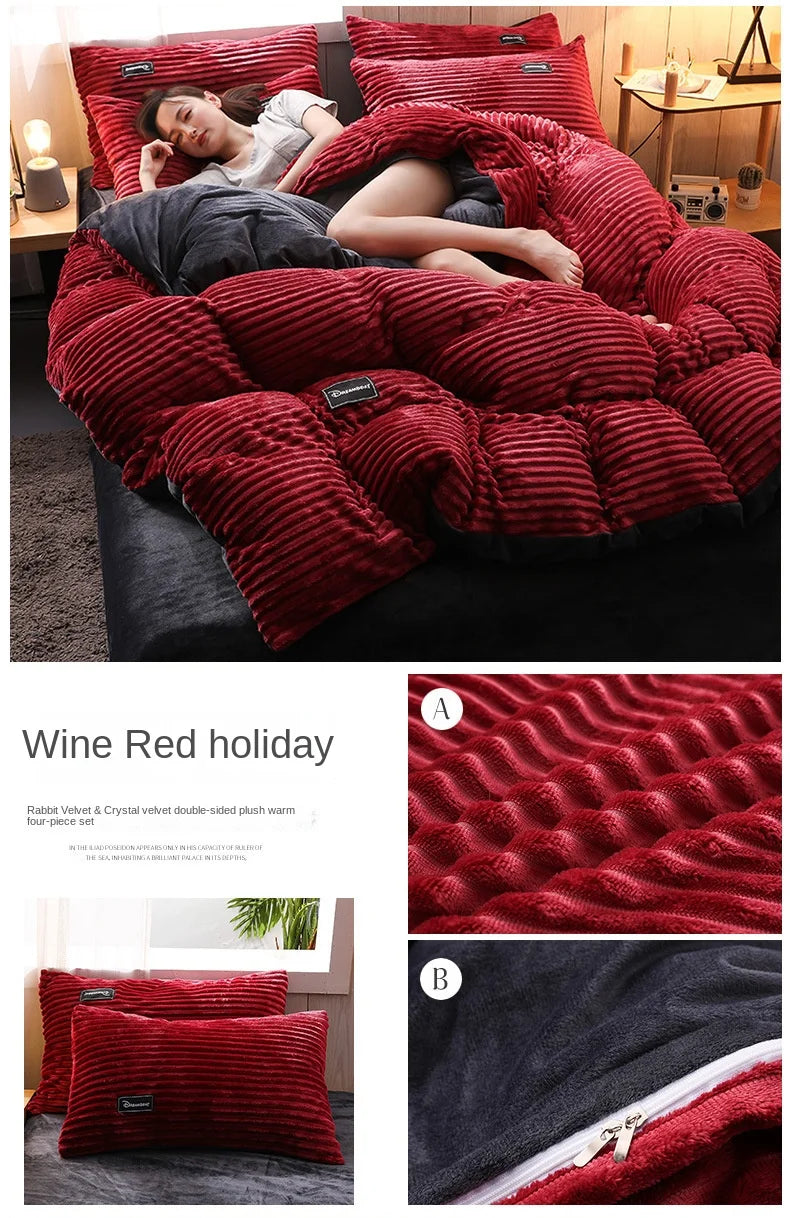 Winter Thick Solid Color Velvet Duvet Cover Warmth Bedding Set