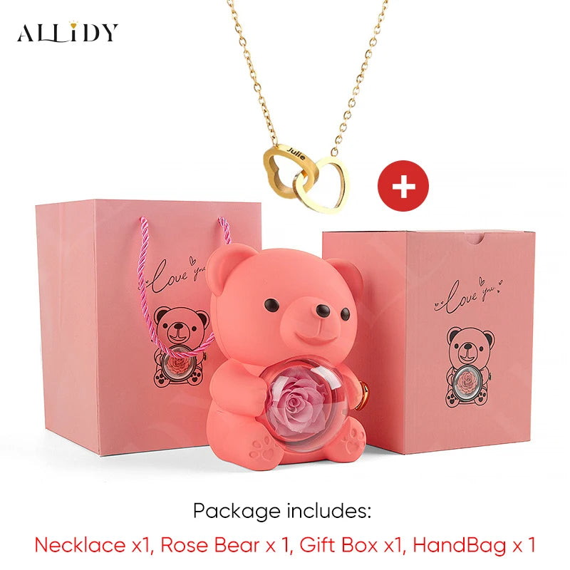2025 Hot Eternal Rose Teddy Bear Gift Box with Custom Necklace Jewelry Set