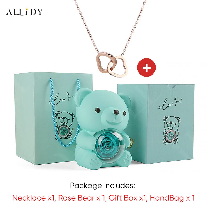 2025 Hot Eternal Rose Teddy Bear Gift Box with Custom Necklace Jewelry Set