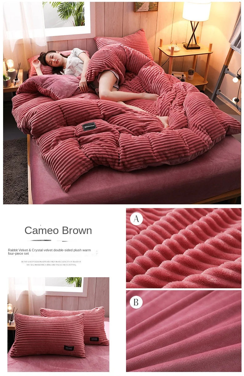 Winter Thick Solid Color Velvet Duvet Cover Warmth Bedding Set