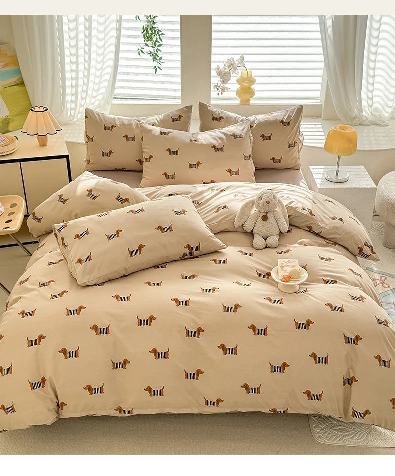 Cute Dog Printed Duvet Covet Set Brown Color Comforter Cover with Pillowcase