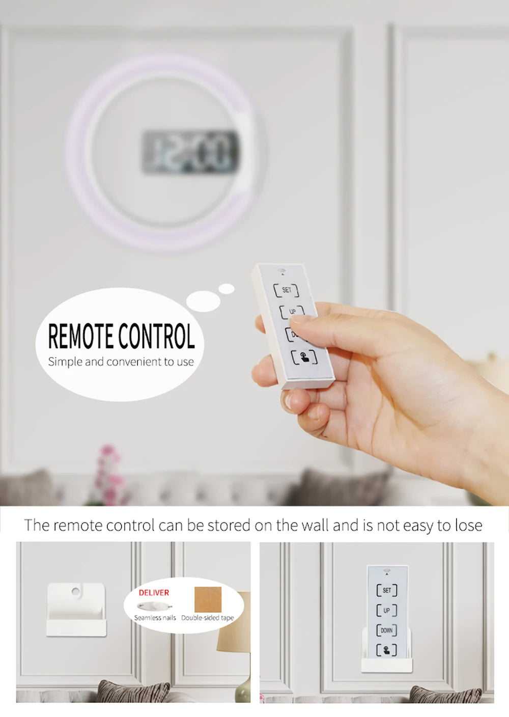 LED Mirror Hollow Wall Clock with Remote Control Round Digital Alarm Clock