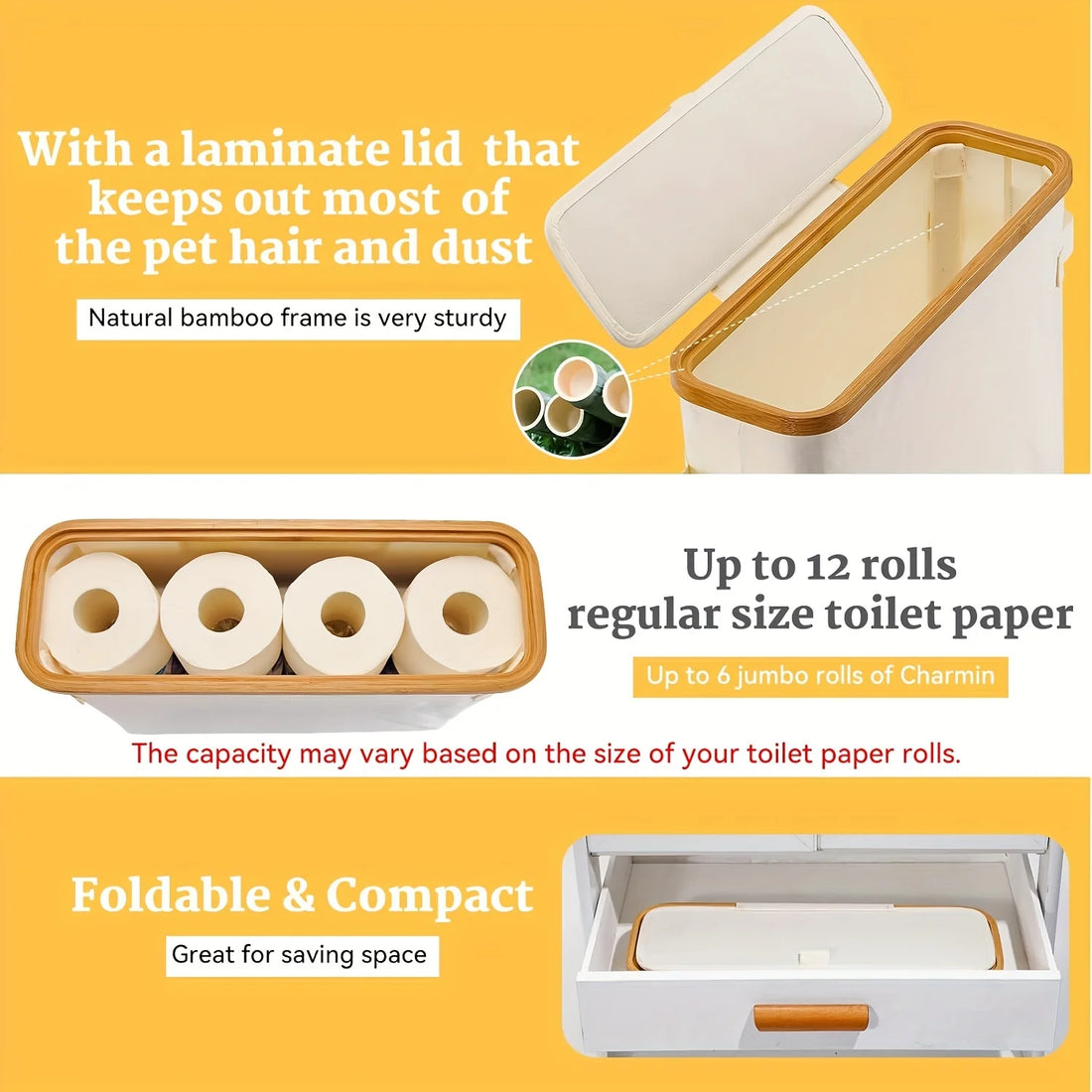 Bamboo toilet paper holder with lid - Self-contained bathroom organizer