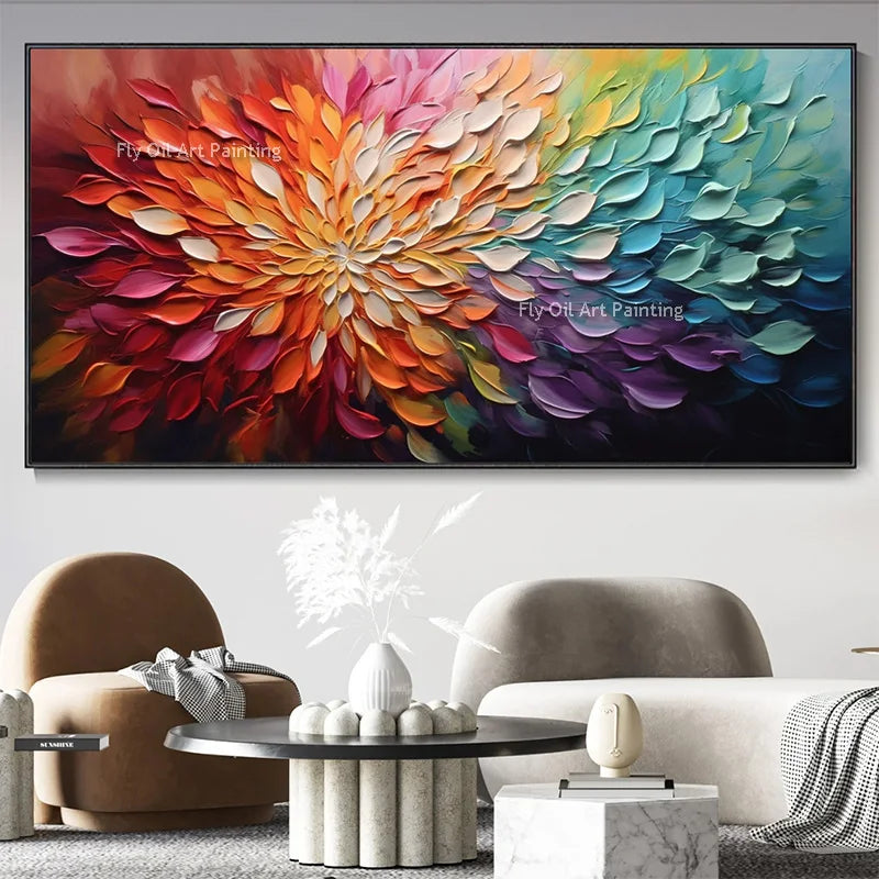 Hand Drawn Colorful Knife Thick Flowers Canvas Oil Painting
