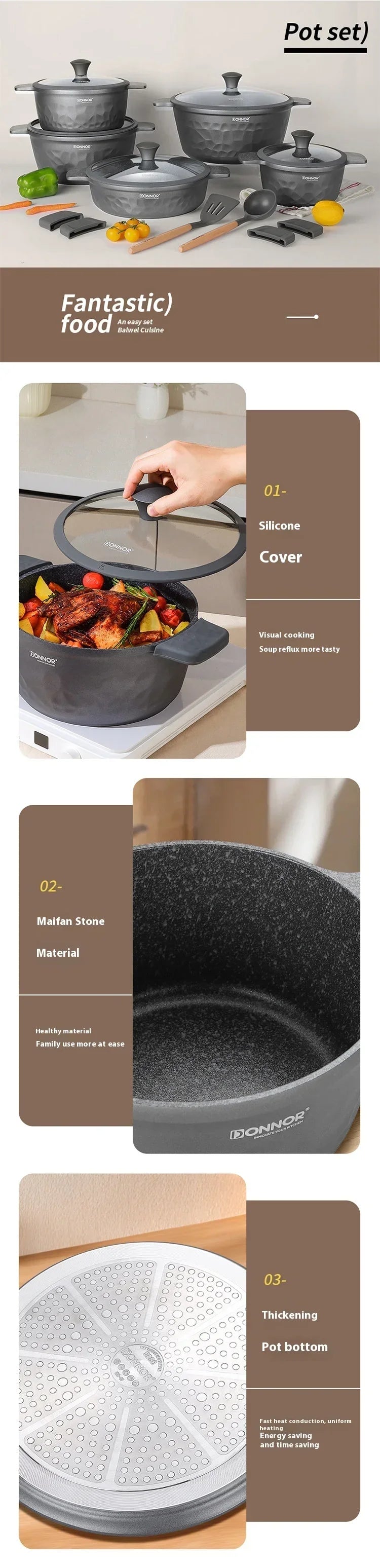 DONNOR Non-stick Pot 12/13/16pcs Cookware Set