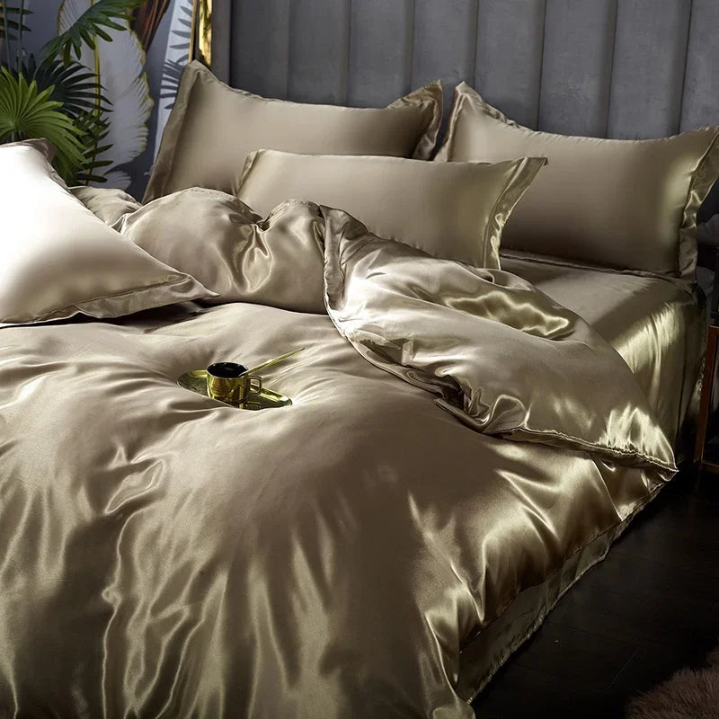 Silk Bedding Set with Duvet Cover Bed Sheet Pillowcase Luxury