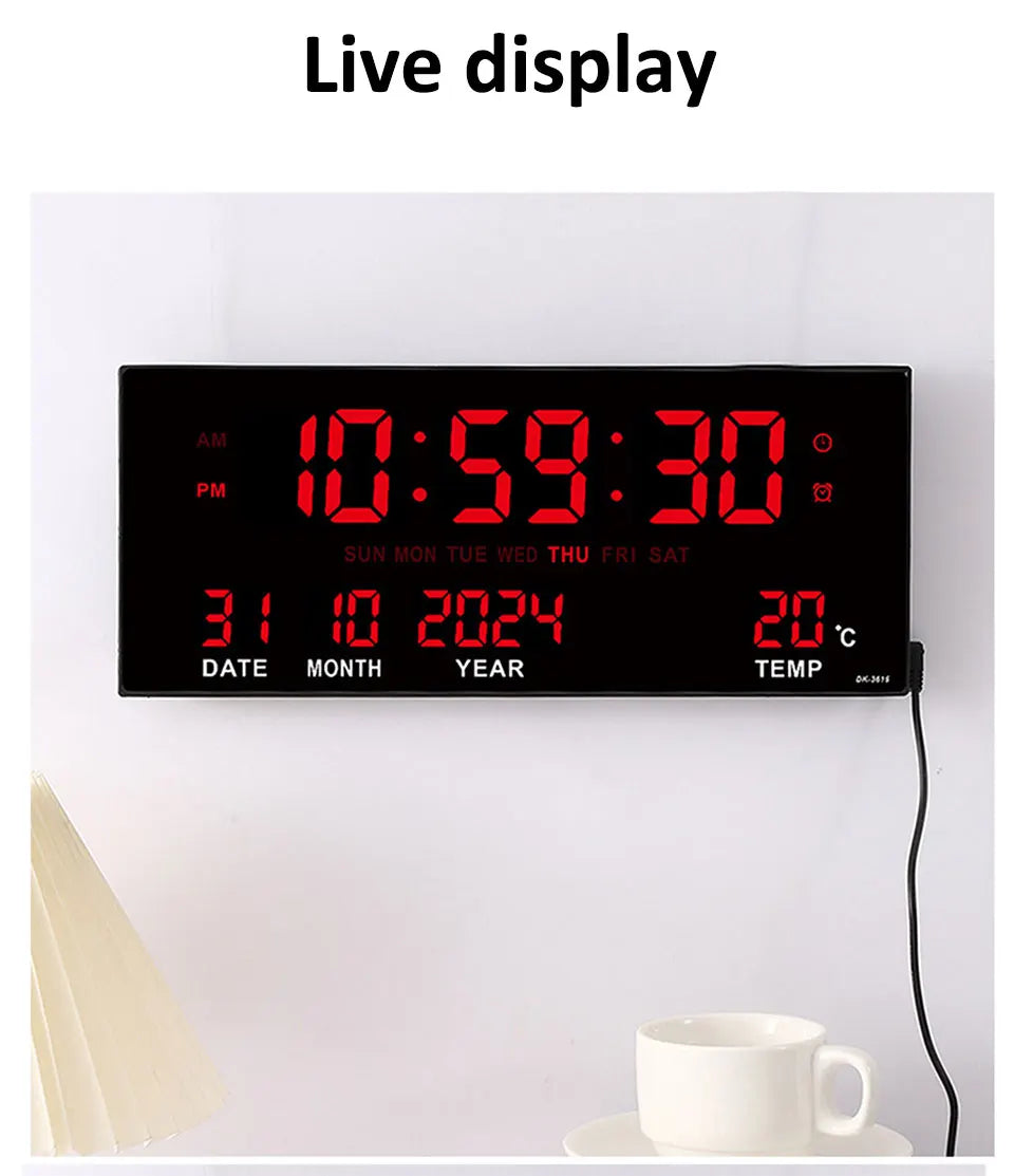 Digital Large Wall Clock Alarm Temperature Date Calendar Display