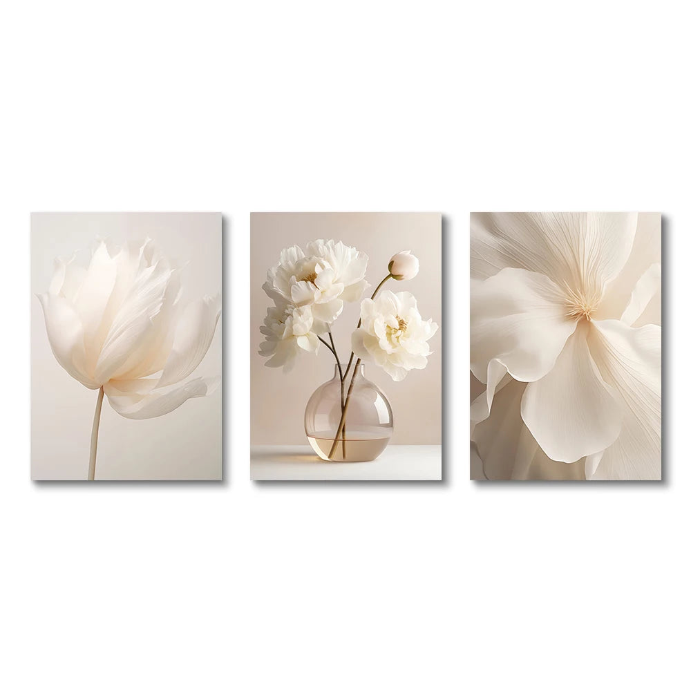 1PC/3PCS Frameless Nordic Beige Peony Flowers Canvas Painting