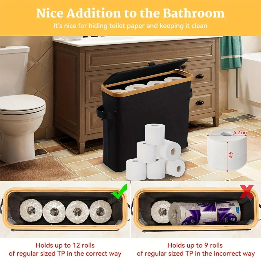 Bamboo toilet paper holder with lid - Self-contained bathroom organizer