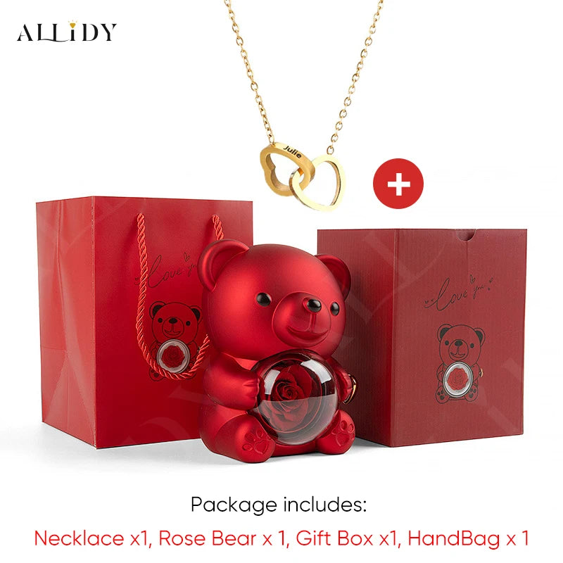 2025 Hot Eternal Rose Teddy Bear Gift Box with Custom Necklace Jewelry Set