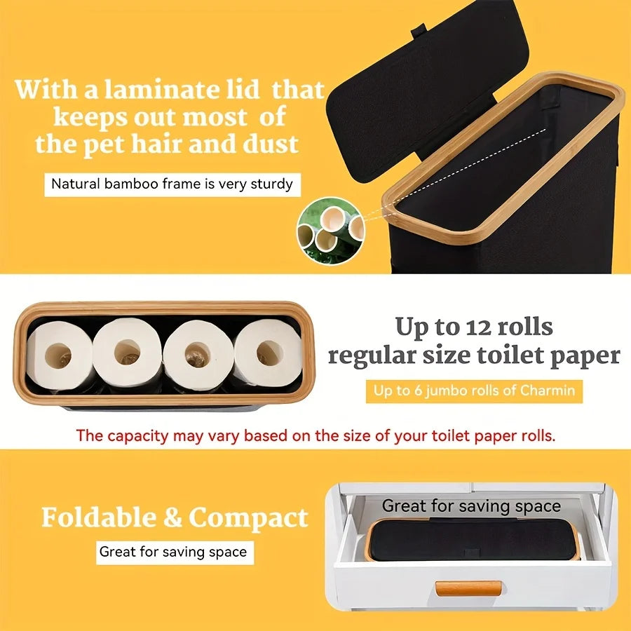 Bamboo toilet paper holder with lid - Self-contained bathroom organizer