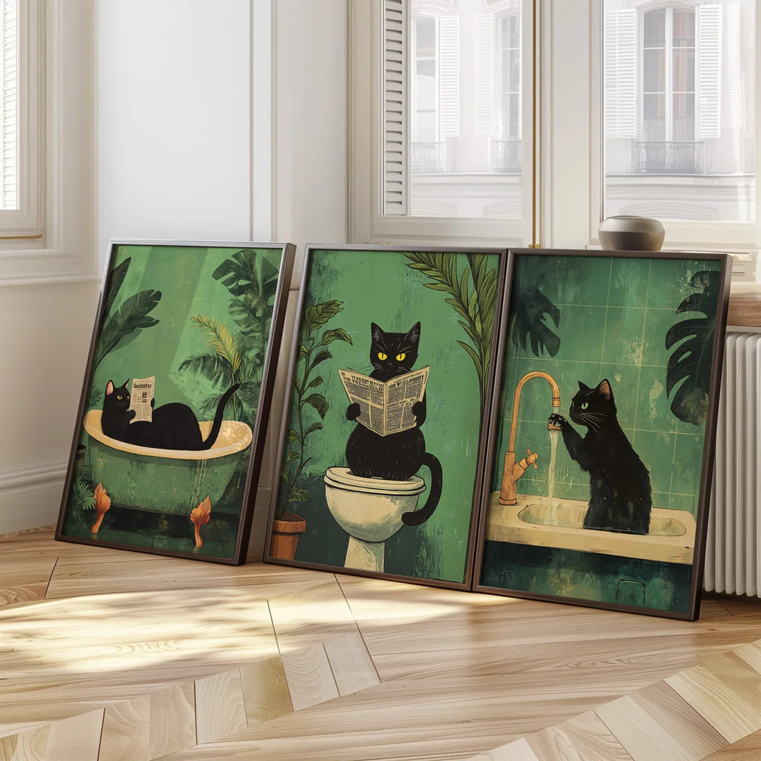 Set of 3 Funny Bathroom Black Cat Wall Art Canvas Print
