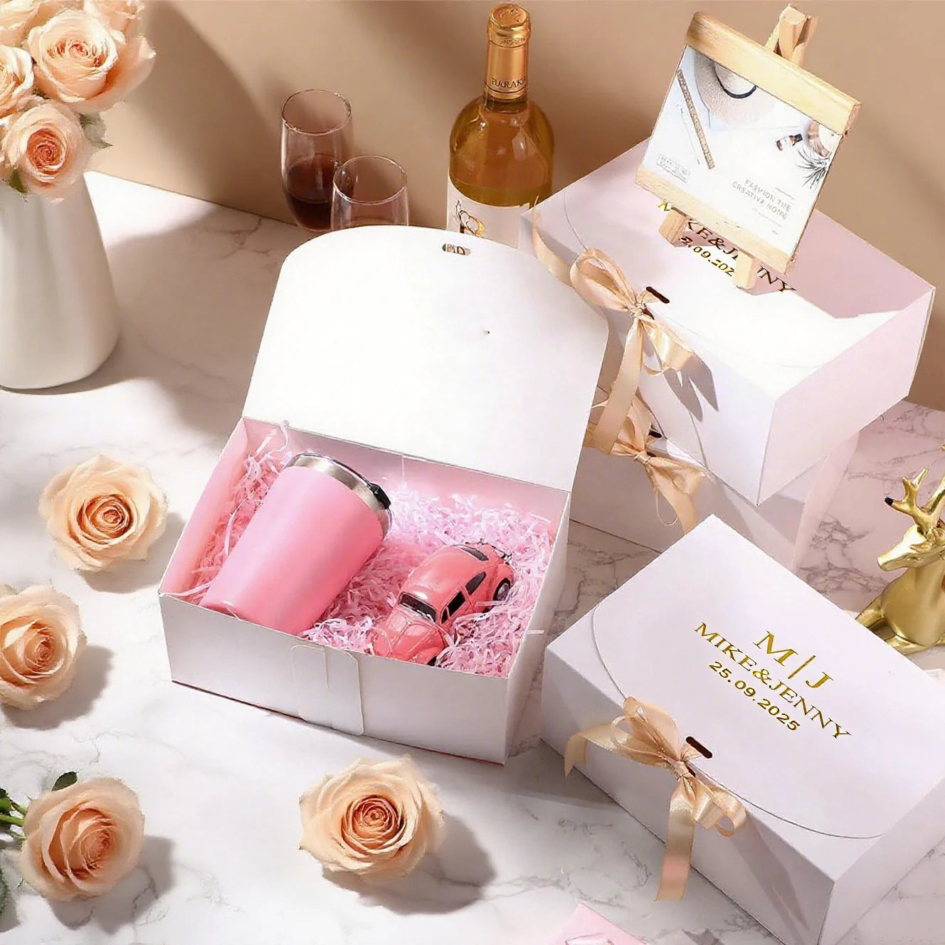 5PCS Customizable Wedding Favor Gift Boxes with gold stamping logo