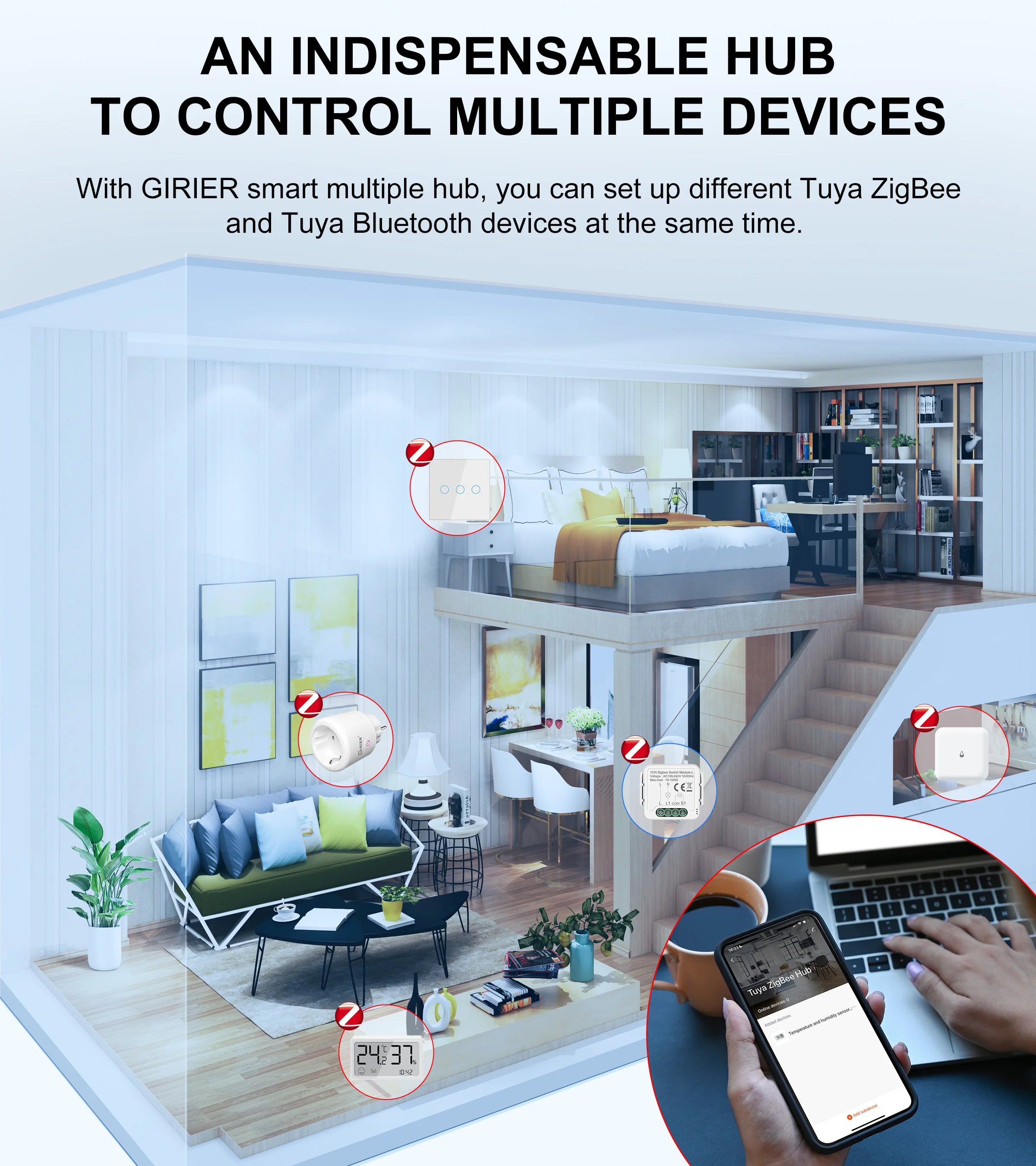 GIRIER Tuya ZigBee Gateway Hub with Antenna Smart Gateway