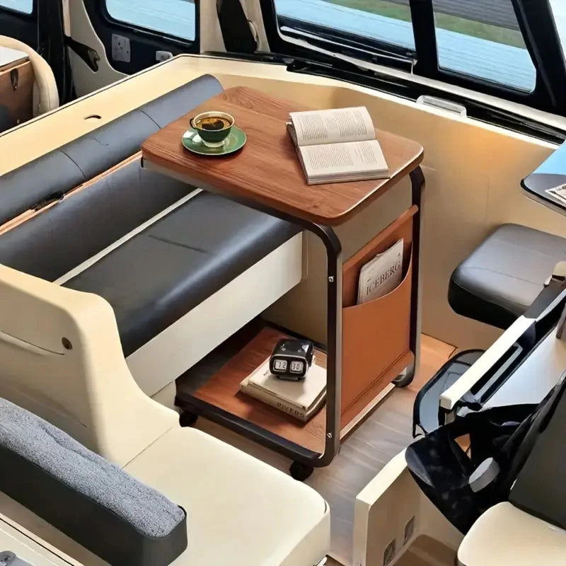 Coffee Table With 360° Wheels C-Shape End Table Sofa Side