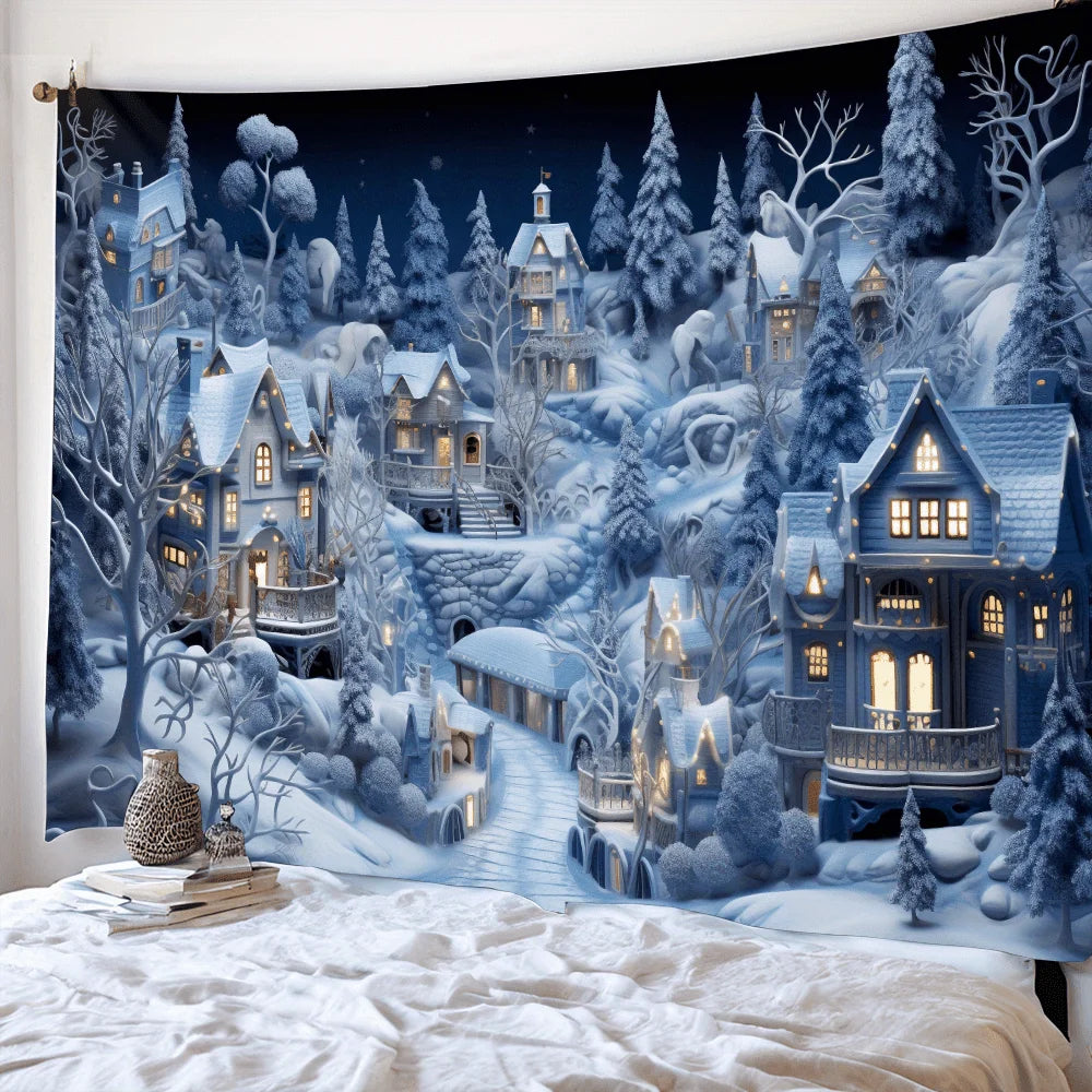 VIKAMA Christmas Tapestry Snowy Christmas Village Scene Living Room