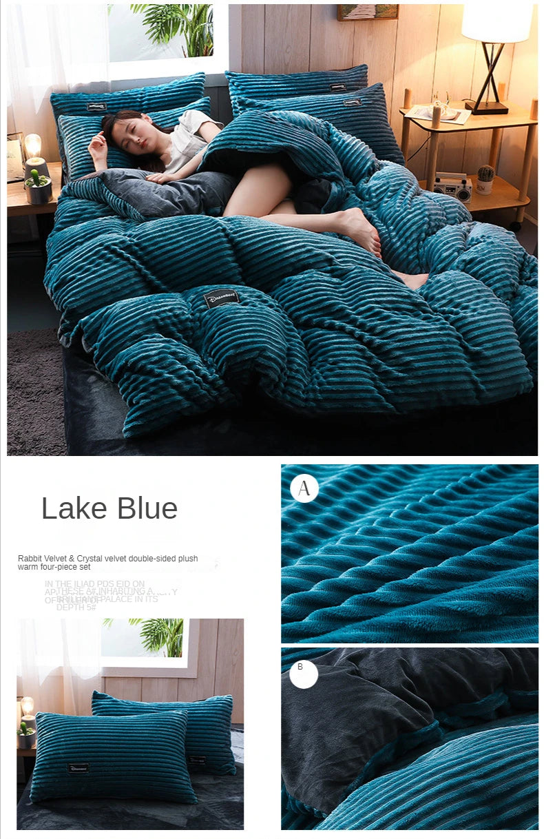 Winter Thick Solid Color Velvet Duvet Cover Warmth Bedding Set