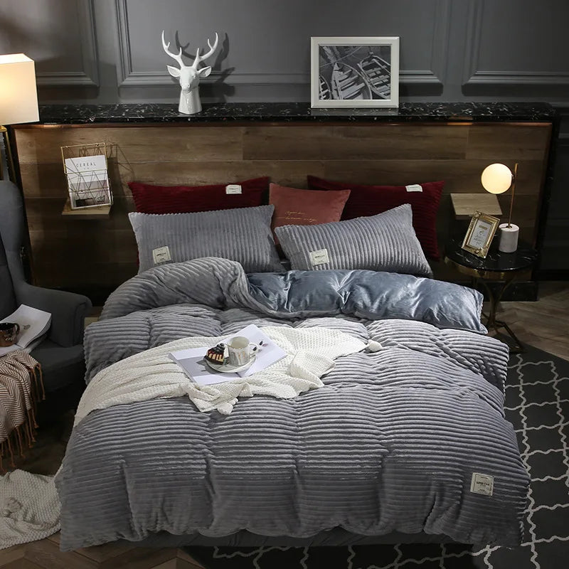 Winter Thick Solid Color Velvet Duvet Cover Warmth Bedding Set