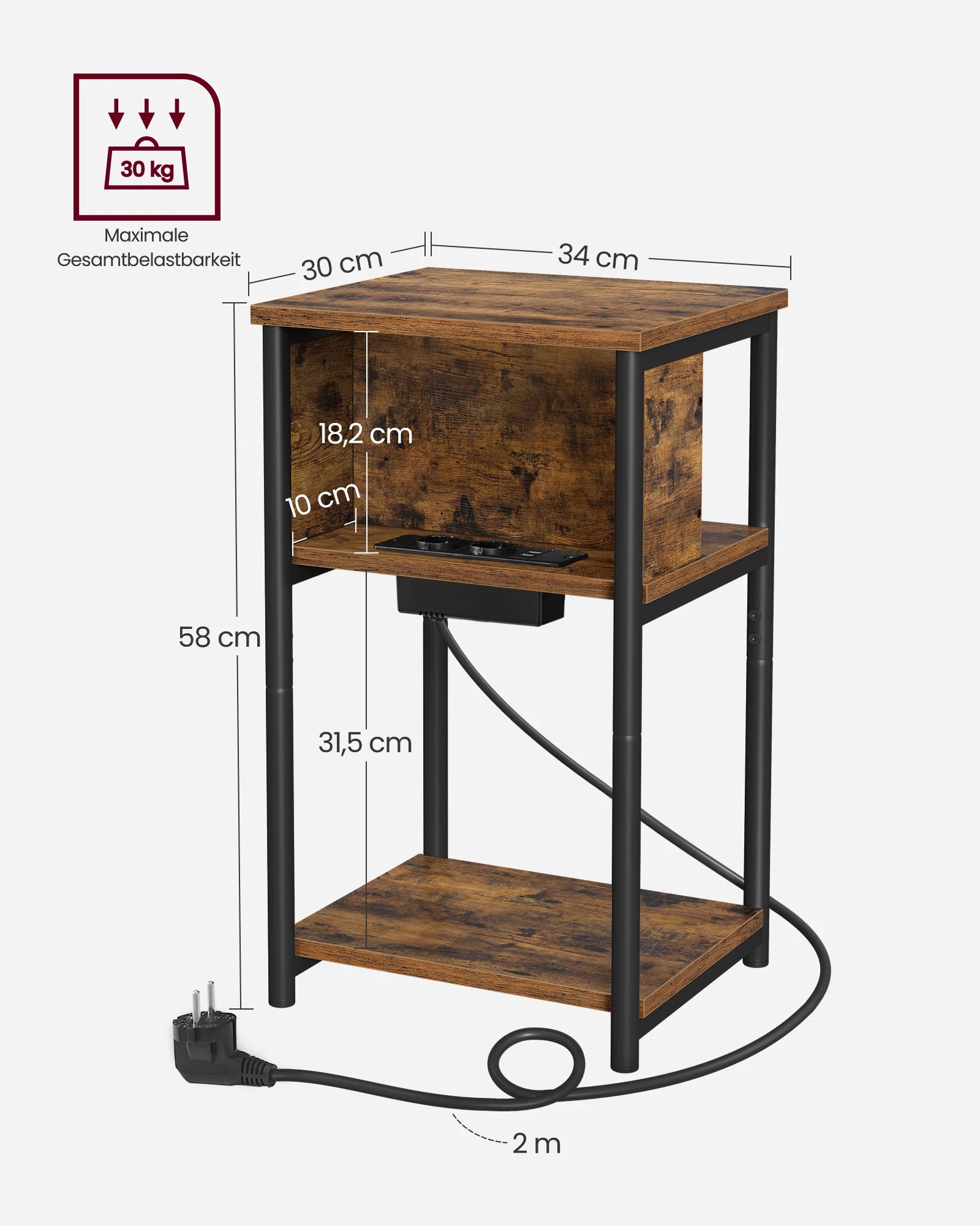 VASAGLE side table, bedside table with socket