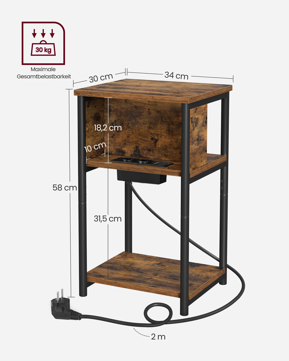 VASAGLE side table, bedside table with socket