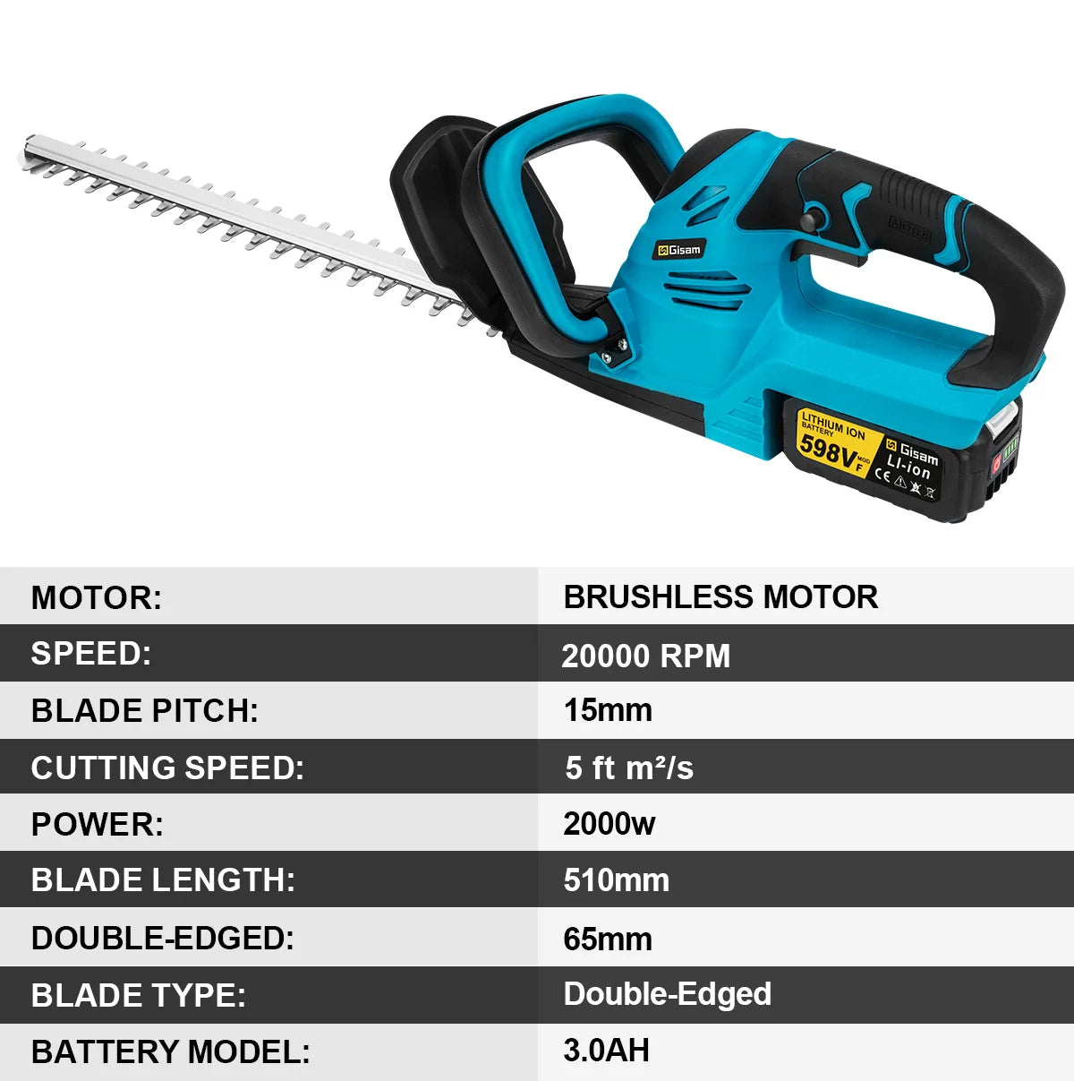 Gisam 20000RPM Brushless Electric Hedge Trimmer