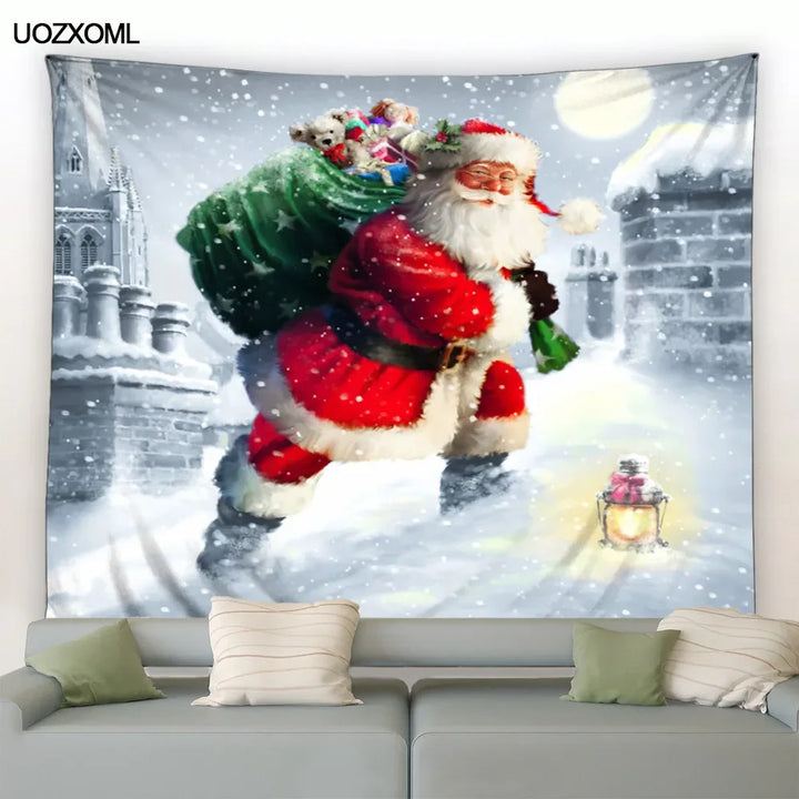 Christmas Tapestry Santa Clause Gifts Winter Castle Snow Landscape Oil