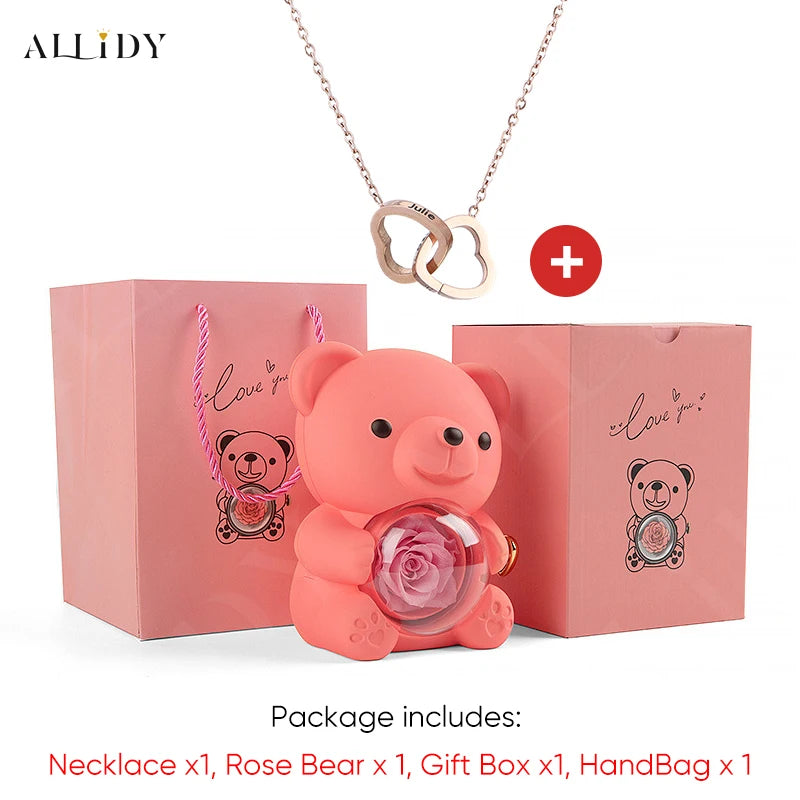 2025 Hot Eternal Rose Teddy Bear Gift Box with Custom Necklace Jewelry Set