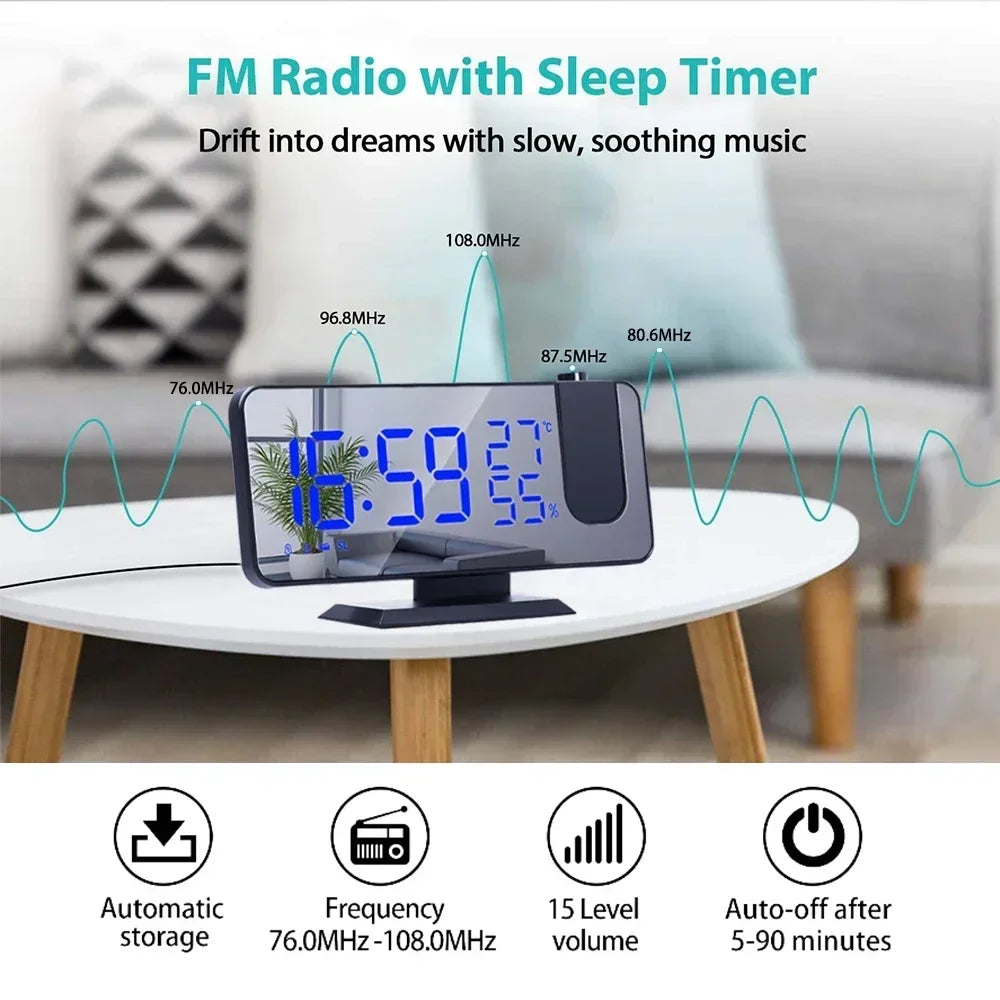 LED Digital Projection Alarm Clock Mirrow Radio USB Temperature