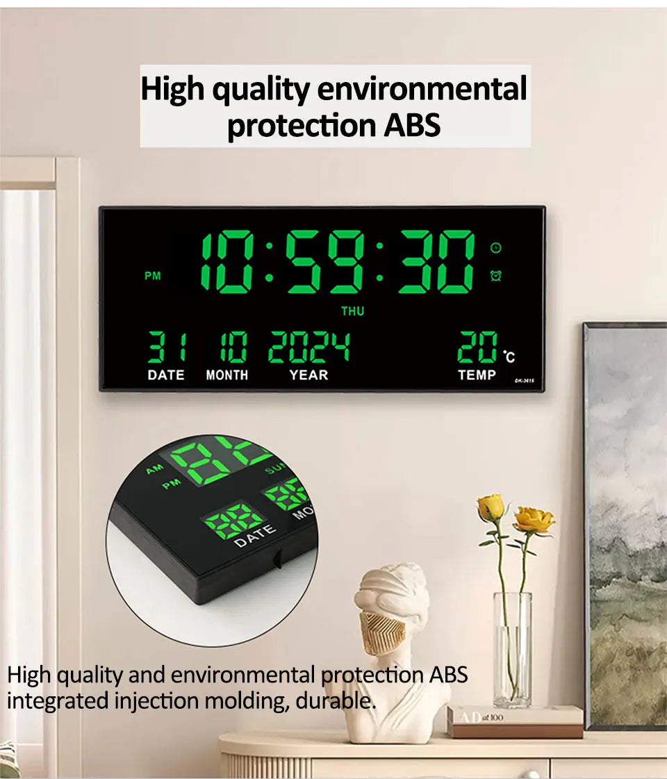 Digital Large Wall Clock Alarm Temperature Date Calendar Display