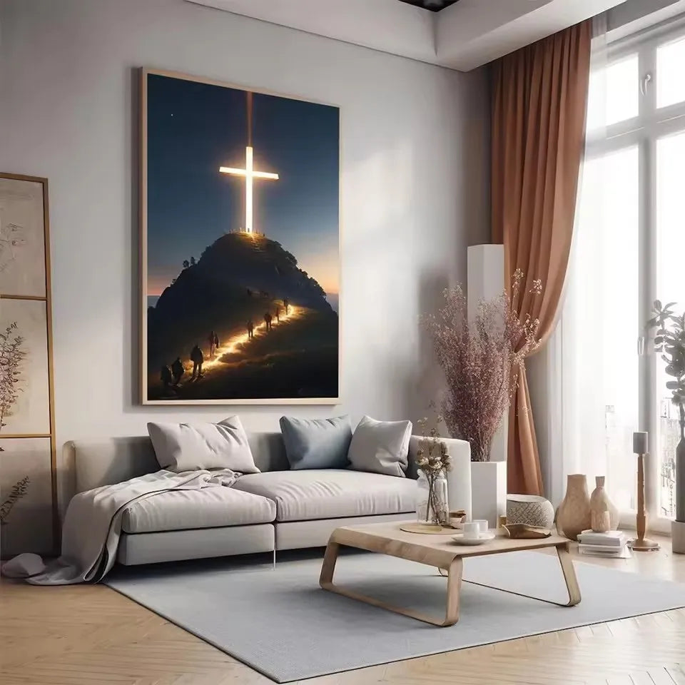 Modern Christian Cross on The Top of The Mountain Wall Art Canvas Painting Jesus