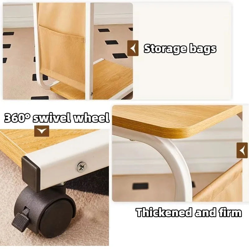 Coffee Table With 360° Wheels C-Shape End Table Sofa Side