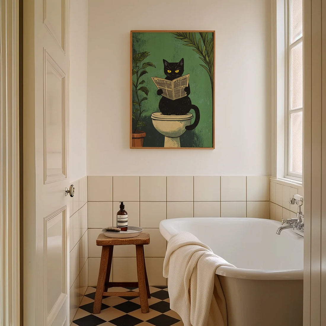 Set of 3 Funny Bathroom Black Cat Wall Art Canvas Print