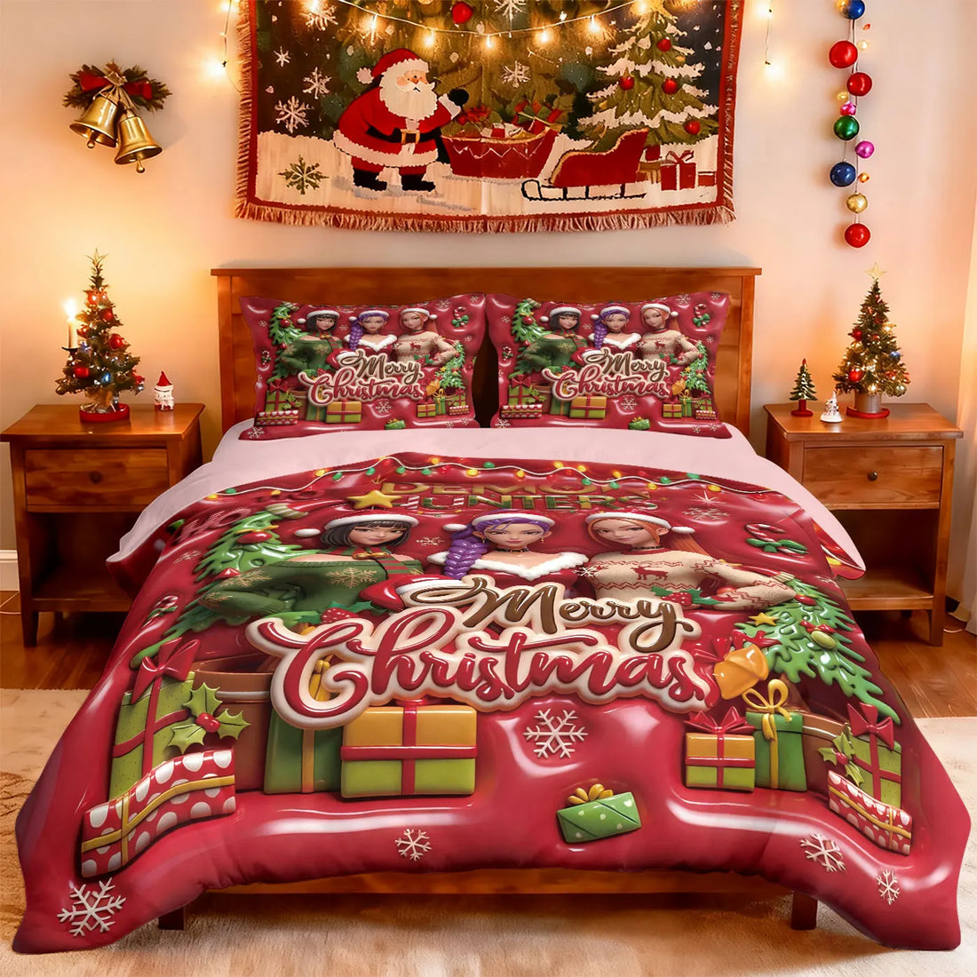 3pcs Christmas imitation relief K-Pop Demon Hunters printed coreless down comforter set