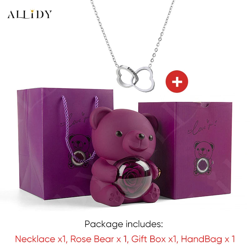 2025 Hot Eternal Rose Teddy Bear Gift Box with Custom Necklace Jewelry Set