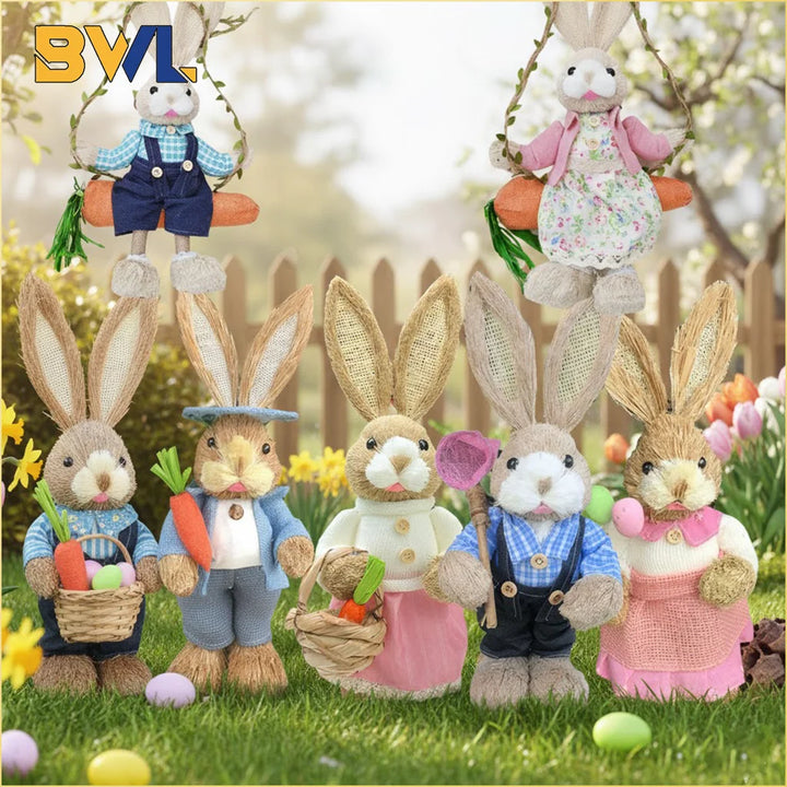 Easter Bunny on Swing Handmade Woven Grass Rabbit Creative Figurine Home Decor