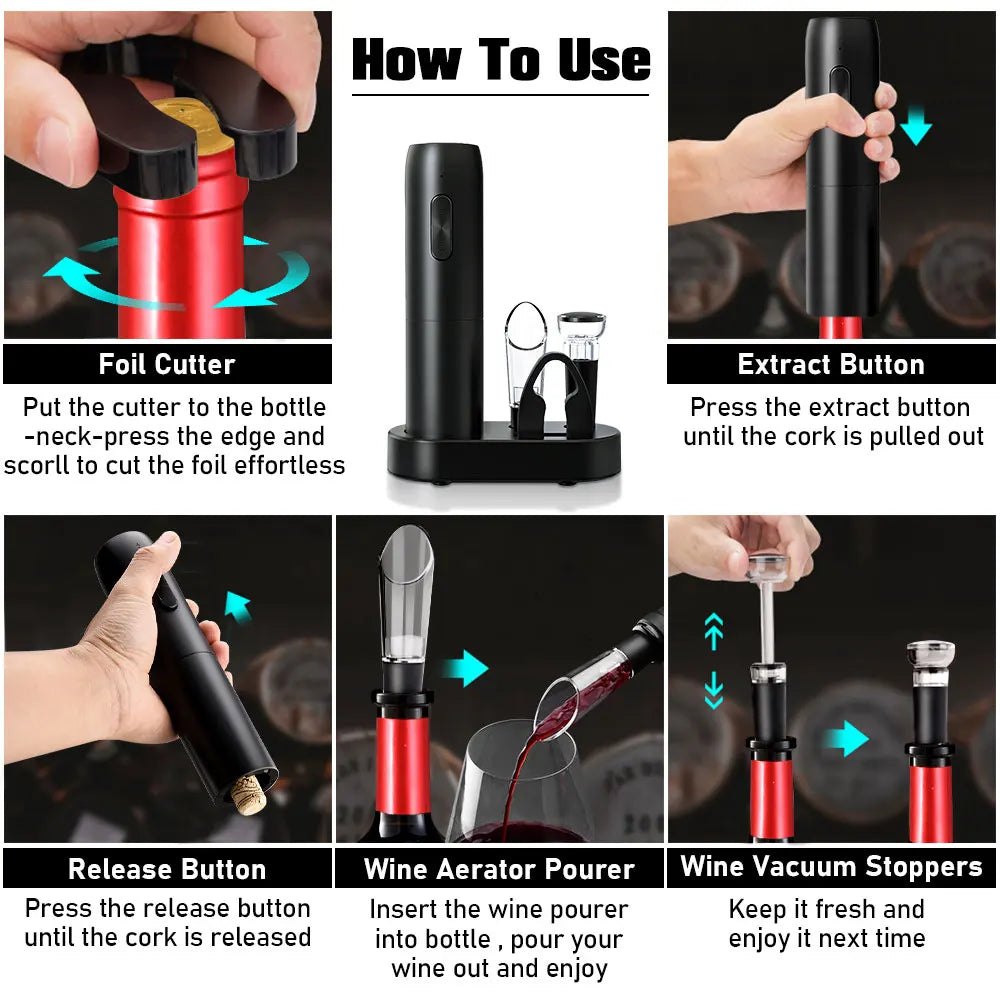 5 in1 Electric Wine Opener Set with Charging Base Automatic