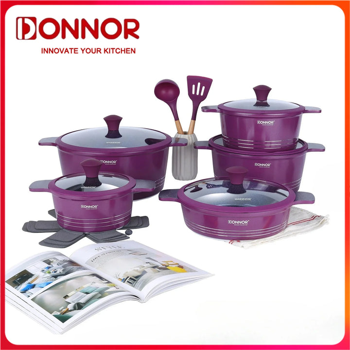 DONNOR 15pcs/set Non Stick Pan Aluminum+Ceramic Cookware