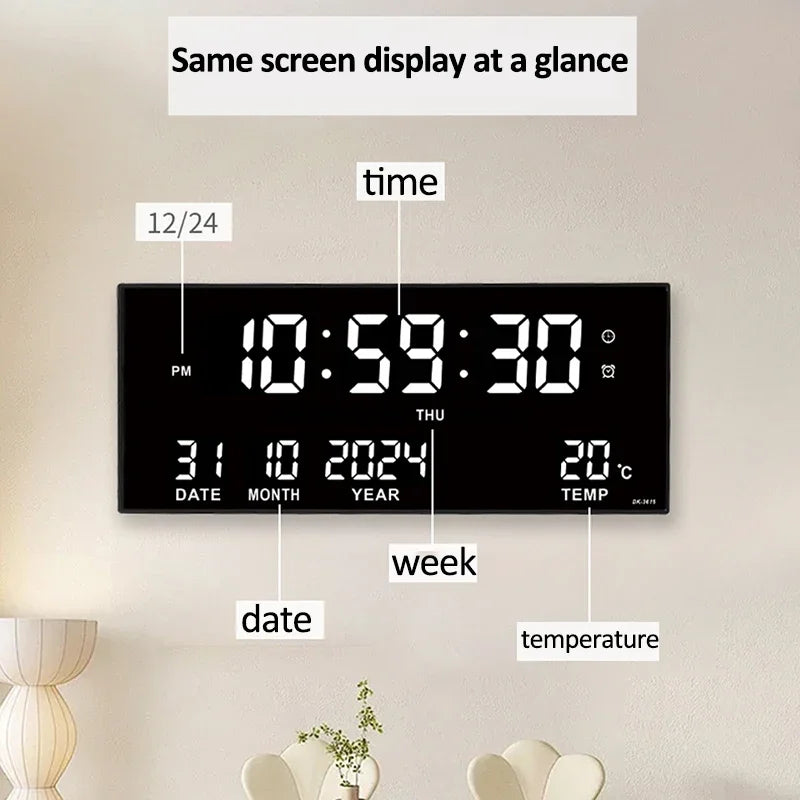 Digital Large Wall Clock Alarm Temperature Date Calendar Display