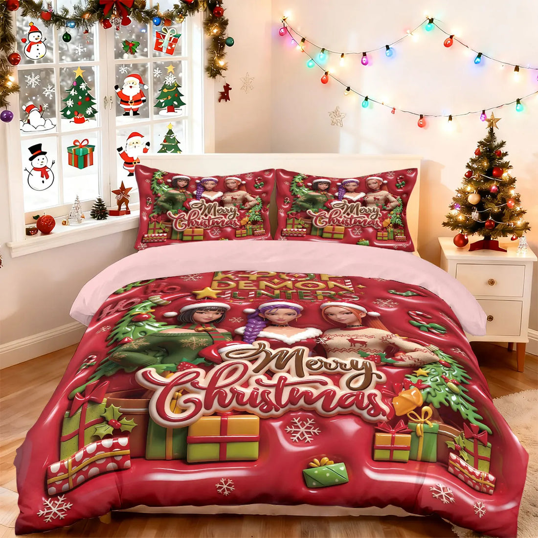 3pcs Christmas imitation relief K-Pop Demon Hunters printed coreless down comforter set
