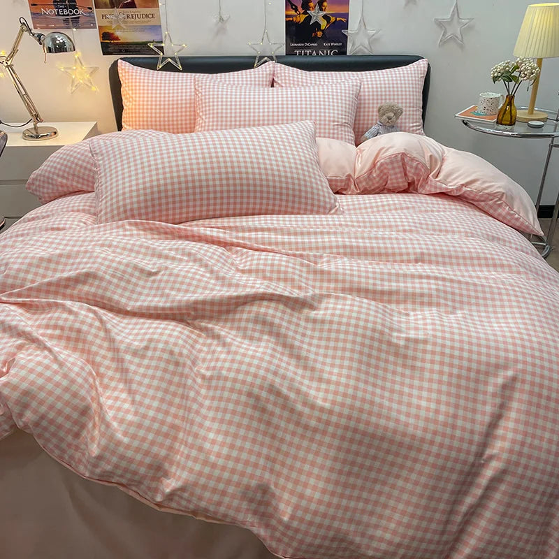 Nordic Plaid Pattern Wash Cotton Bedding Set Duvet Cover Pillowcase