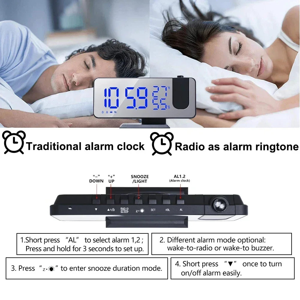 LED Digital Projection Alarm Clock Mirrow Radio USB Temperature