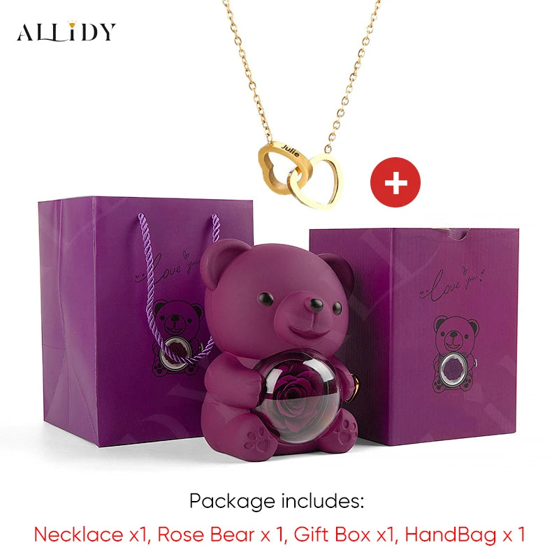 2025 Hot Eternal Rose Teddy Bear Gift Box with Custom Necklace Jewelry Set