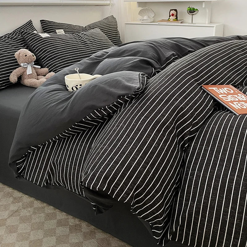 Nordic Plaid Pattern Wash Cotton Bedding Set Duvet Cover Pillowcase