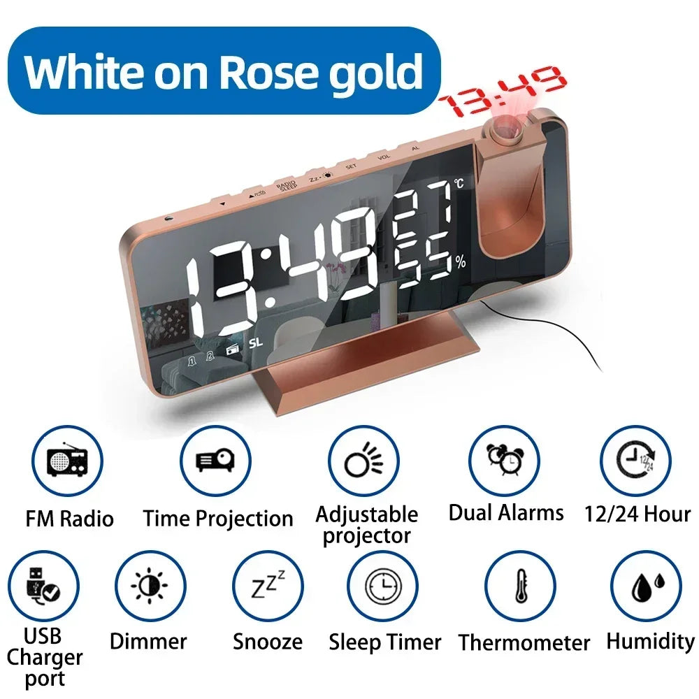 LED Digital Projection Alarm Clock Mirrow Radio USB Temperature