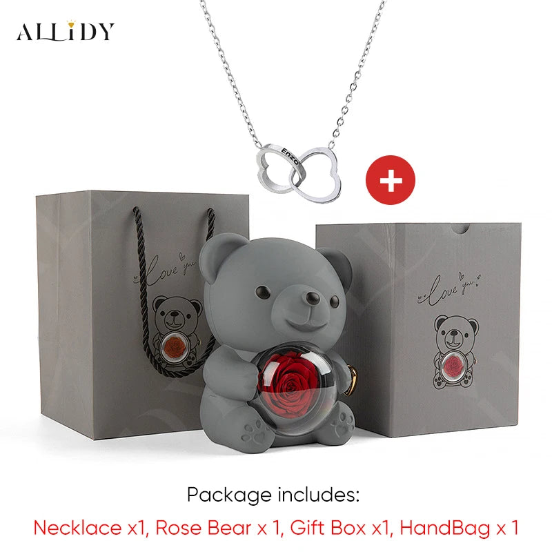 2025 Hot Eternal Rose Teddy Bear Gift Box with Custom Necklace Jewelry Set
