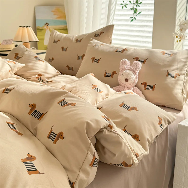 Cute Dog Printed Duvet Covet Set Brown Color Comforter Cover with Pillowcase