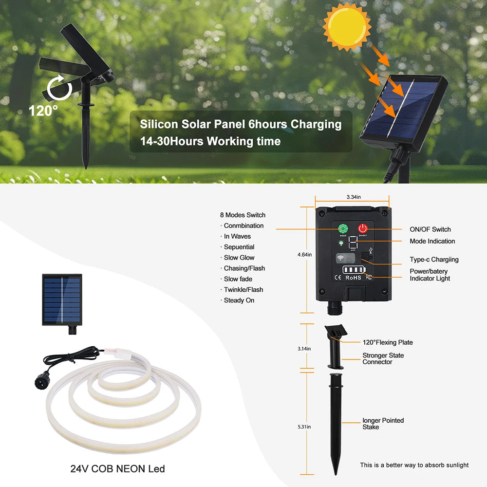 24V LED Neon Light Strip Solar Waterproof 8 Modes 320LEDs/m