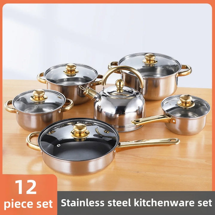 Thickened stainless steel cookware set, twelve piece set