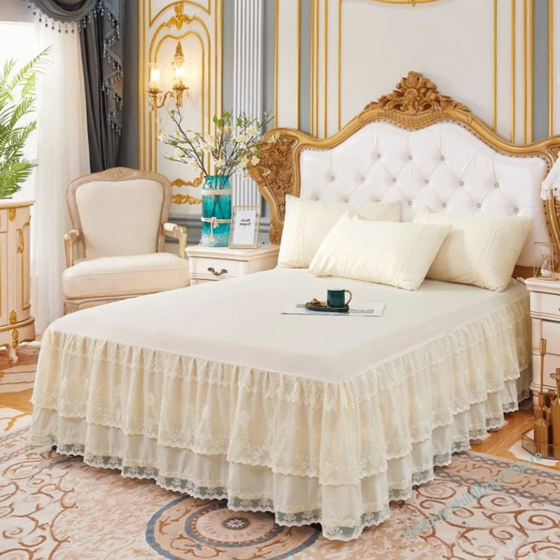 New 3 Layers Bed Skirt Lace Ruffled Bed Skirt Couvre Lit Bedroom Bed Cover