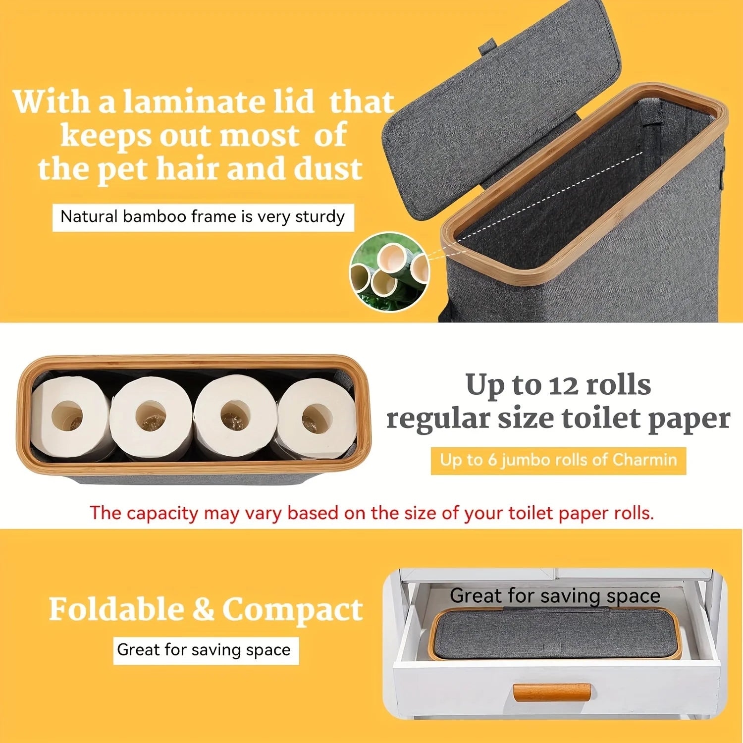 Bamboo toilet paper holder with lid - Self-contained bathroom organizer